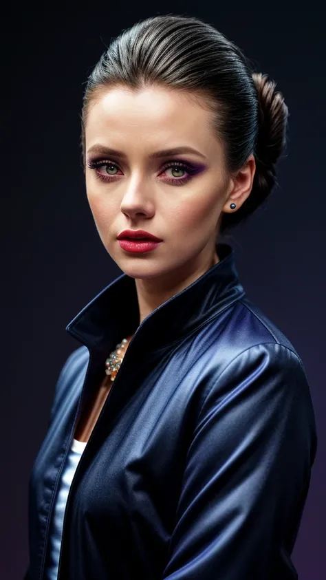 photo of seductive (emwats0n:0.99), a beautiful woman, perfect hair upsweep updo, (modern photo), (Dark Blue  coat and long sleeve shirt), ((gradient Bright Purplebackground:1.1)), 85mm, (analog, cinematic, film grain:1.3), detailed eyes, painted lips, nec...