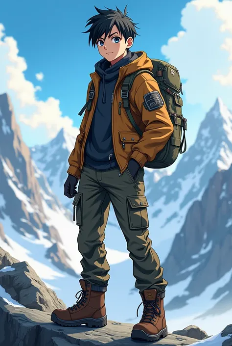 Stylish anime characters、Please make a short black haircut for a 3 man.。I need a full character from head to toe.、The outfit is that of a mountaineer。