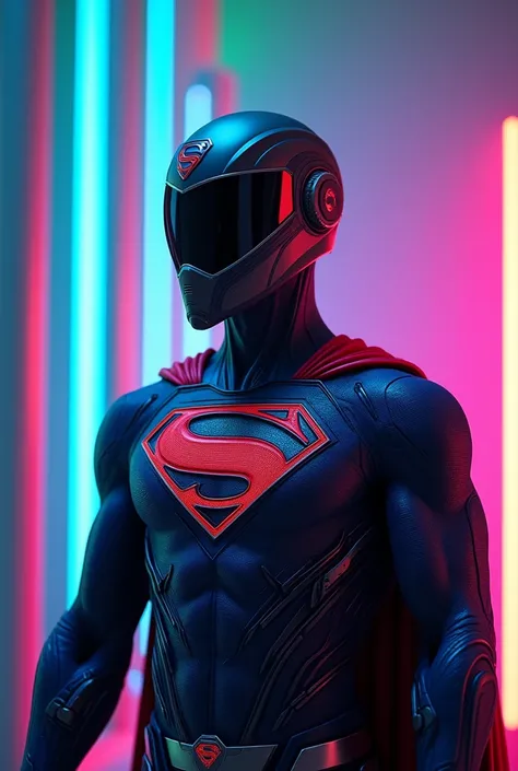 Super man with the letter "IN" on the chest, with a futuristic suit and a helmet with a background full of blue neon colors, violet, rosa, green