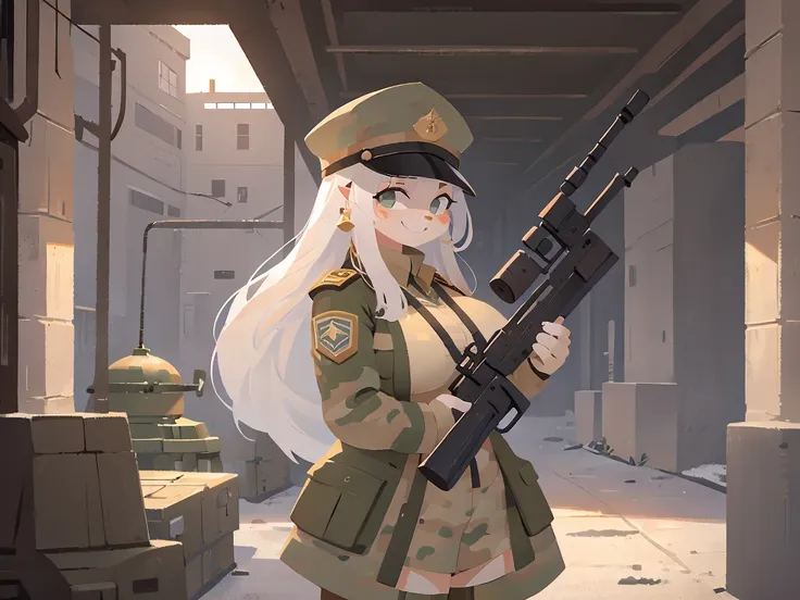 a detailed portrait of a female white rabbit with long white hair, generals hat on, long rabbit ears, ears folded back, big breasts, big thighs and big ass, with a short fluffy tail attached to the back of pelvis, wearing a military uniform that covers her...