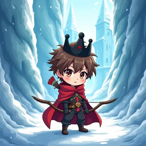 Create an anime-style chibi of an archer with a black crown on his head, blood colored clothes, brown hair and eyes. Knife him with the bow on his back Short hair. He is in his ice castle