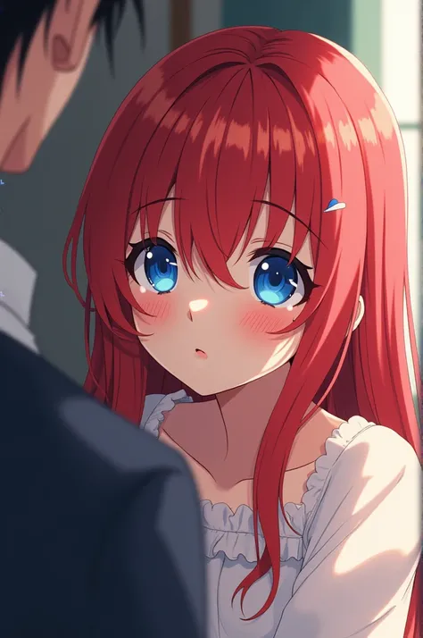 Red haired anime girl, long wavy blue eyes. With a sad look accompanied by small tears in her eyes. Finally, That girl is talking to a butler