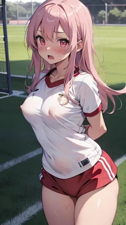 mastute piece,Best Quality,insanely detailed,8k cg,nsfw,
(shoot upper body:1.3),
(1girls:1.3),standing,looking at viewr,(body in front),(both arms behind back:1.4),(soccer uniform:1.3),(bare breasts:1.2),break,
(blush:1.2),shy,(ecstasy face),(trembling:1.2...