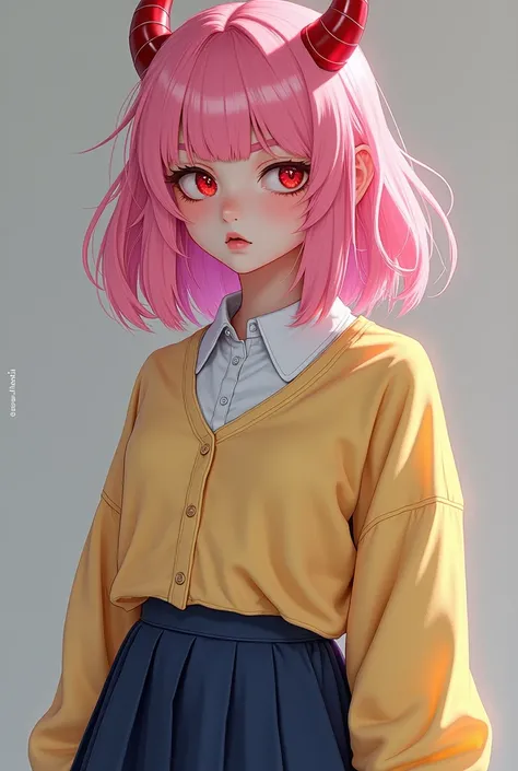 Her hair is bubblegum pink and medium length, a high school student with red horns and red eyes. Wear a pastel yellow cardigan and a short navy blue skirt. Let his eyes be narrow and his gaze be serious. 