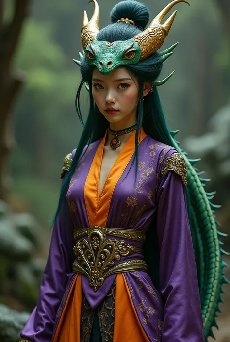 A young woman has the appearance of a Chinese dragon. Her skin is yellow. She has long green and black hair. Her hair is loose and tied in a bun tied with Chinese chopsticks. She has a long tail with scales. Her eyes are green and have slits. She wears Chi...