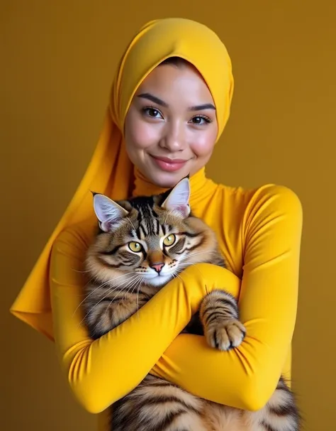 A beautiful asian muslimah woman wears yellow Tiger lycra turtleneck unitard catsuit and yellow tiger lycra square hijab.She hugs a pet cat