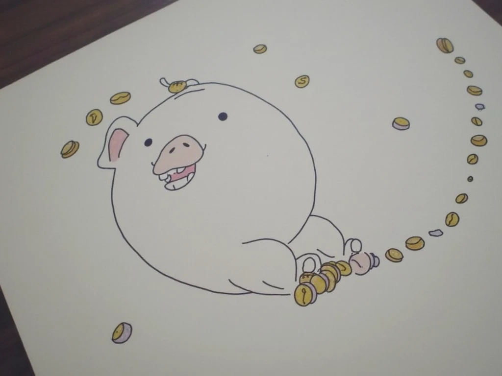 a piggy bank with coins falling out of it in 2D drawing style