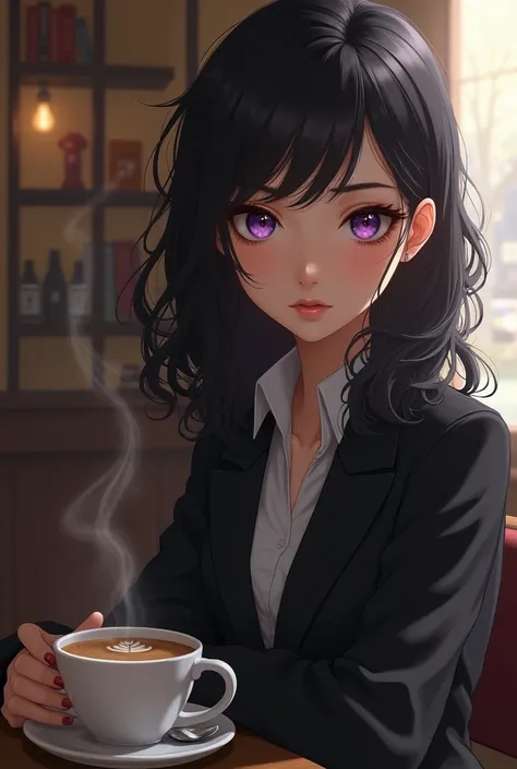 A girl from , with wavy black hair, violet eyes, suit close, in a coffee shop 