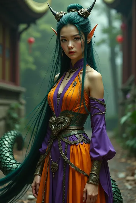 A young woman has the appearance of a Chinese dragon. Her skin is yellow. She has long green and black hair. Her hair is loose and tied in a bun tied with Chinese chopsticks. She has a long tail with scales. Her eyes are green and have slits. She wears Chi...