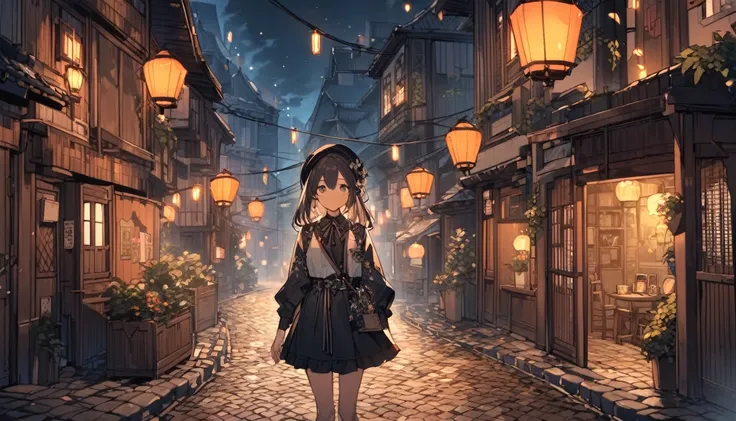 
A girl in her twenties, with an exotic and atmospheric world, and cobblestone streets.The upper half of her body.