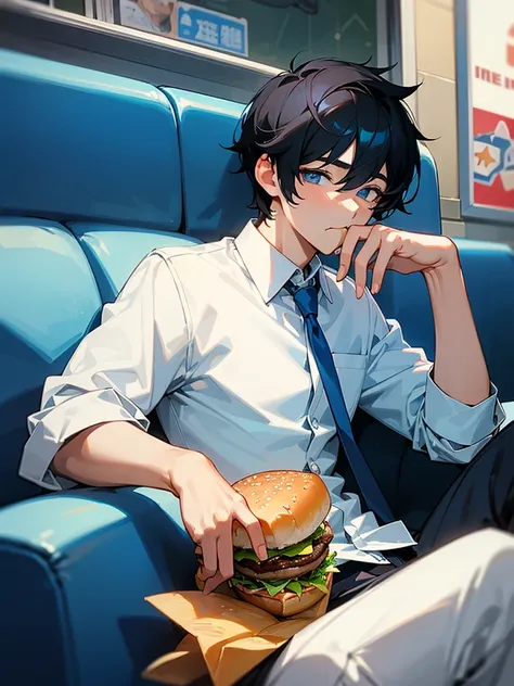 ""Very cool high school boy""、Black Hair、Short Hair、Blue sparkling eyes、White shirt and tie、Eating a hamburger on a sofa in a fast food restaurant、There are french fries and juice on the table.、One person、solo、Retro anime style