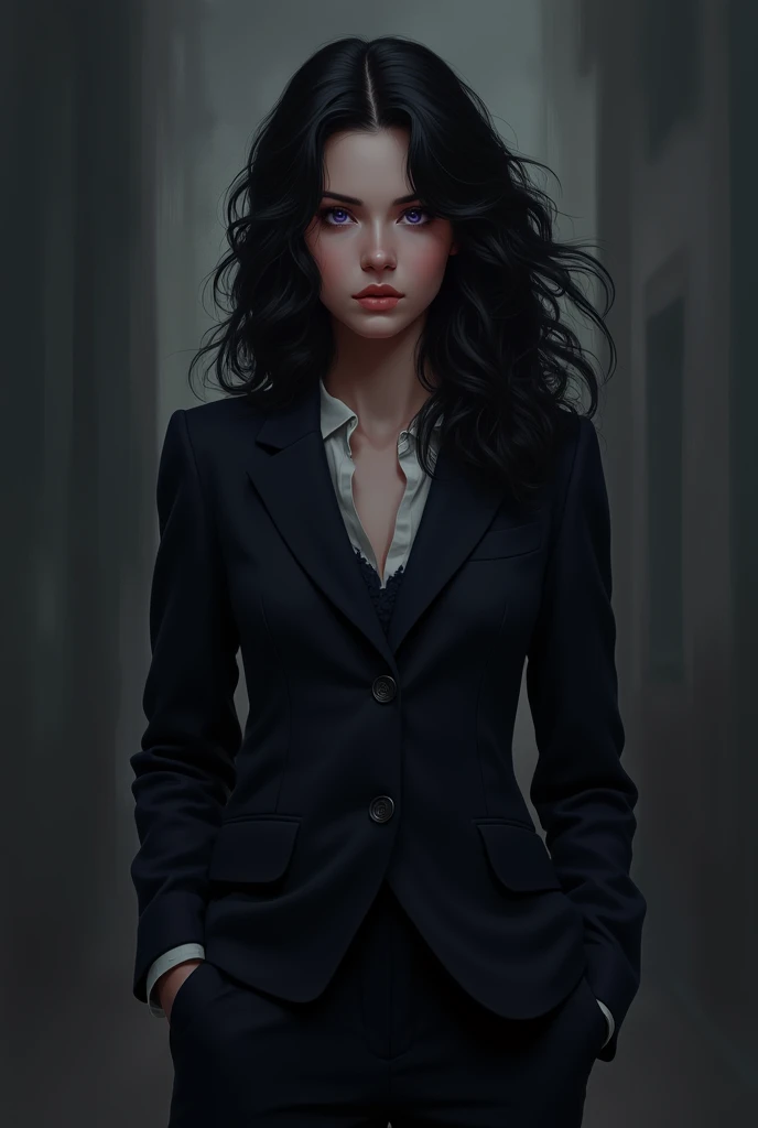 A girl from , with wavy black hair, violet eyes, suit close