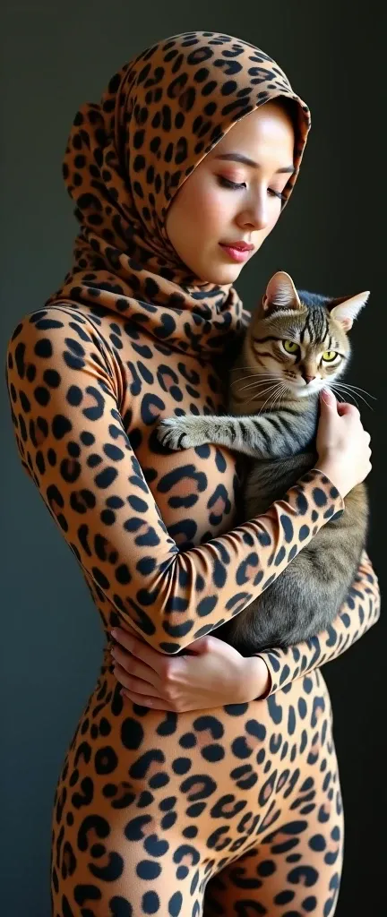 A beautiful asian muslimah woman wears leopard lycra turtleneck unitard catsuit and leopard lycra square hijab.She hugs a pet cat