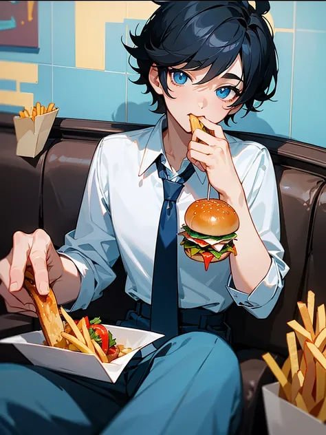 ""Very cool high school boy""、Black Hair、Short Hair、Blue sparkling eyes、White shirt and tie、Eating a hamburger on a sofa in a fast food restaurant、There are french fries and juice on the table.、One person、solo、Retro anime style