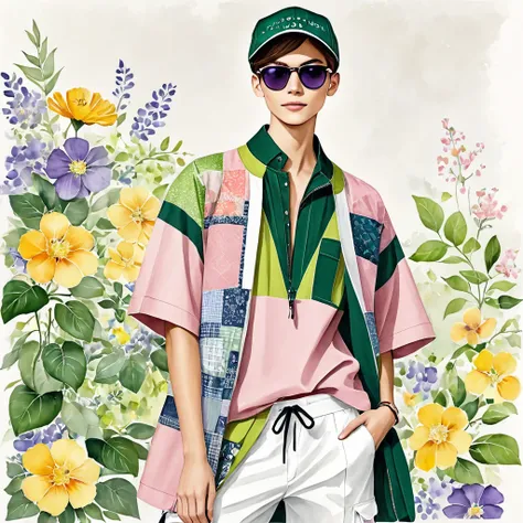 candid fashion illustration of young male supermodels, 20 year old tall and slender, ((showcase in fashionable linen outfits modern and elegant  with a collage or patchwork details of E-co print and ethnic motifs fabric, mixed colore of dark green, soft pi...