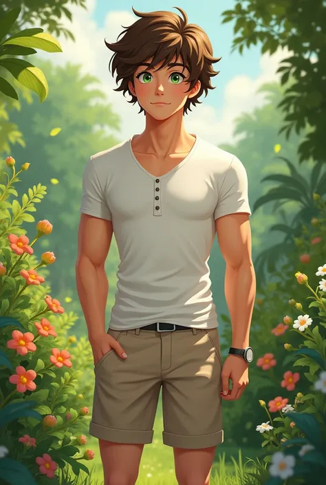 A tall boy with medium wavy brown hair, greeneyes, a little muscular, White fitted shirt with buttons on top, short sleeves, beige shorts and black all star. He is in a garden.