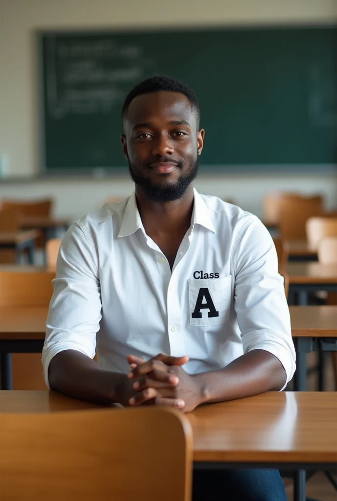 A black man in a college classroom wearing a shirt that says CLASS A