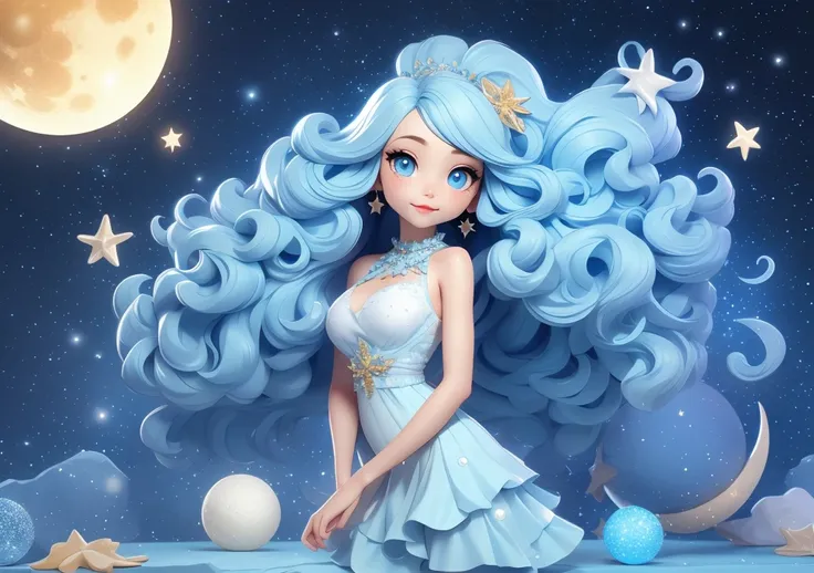 woman,long hair,Curly,light blue,ชุดเดรสlight blue,comfortable,Moon and star ornaments,Big eyes,sea view,nighttime,Portrait,