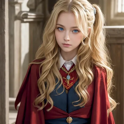 Blonde hair, loose wavy hair, half-up hair, light blue eyes, beautiful girl, Hogwarts, Gryffindor, Canadian