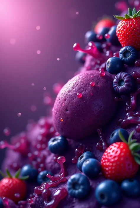 A vibrant Instagram highlight cover with a rich purple background inspired by the deep tones of açaí berries. The design should feature realistic, high-definition textures and elements that pop in 4K quality. Use accents of vibrant colors like deep pinks, ...