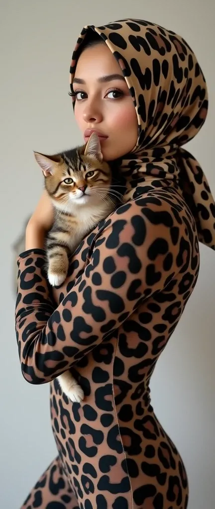 A beautiful asian muslimah vet wears leopard lycra turtleneck unitard catsuit and leopard lycra square hijab.She hugs a pet cat