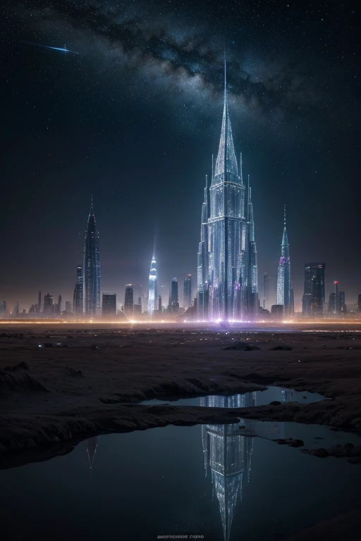 In the heart of a shimmering lunar colony, ethereal structures rise from the silvery landscape, reflecting the soft glow of the celestial body above. This breathtaking scene is captured in a mesmerizing painting, showcasing intricate details and vibrant co...