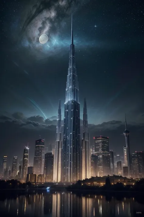 In the heart of a shimmering lunar colony, ethereal structures rise from the silvery landscape, reflecting the soft glow of the celestial body above. This breathtaking scene is captured in a mesmerizing painting, showcasing intricate details and vibrant co...