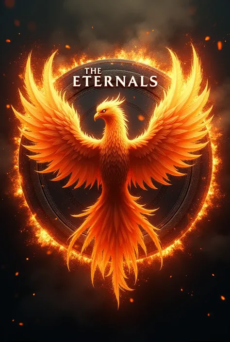 Circular logo of a phoenix bird with a realistic look of fury behind the fire with an imposing look of freedom with the name of the eternals logo