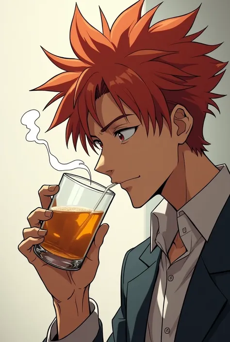 A male anime character drinking something 