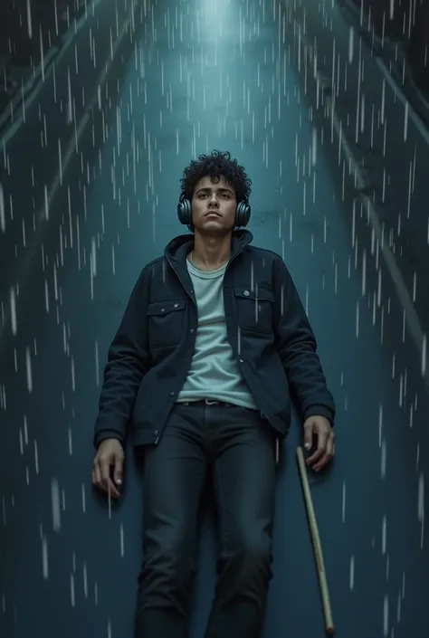  a teenager lying in the middle of the street while it rains and he listens to music, the image should be from above and holding a pair of drumsticks, that it be a man and that you can see the rain, the drumsticks not so big 