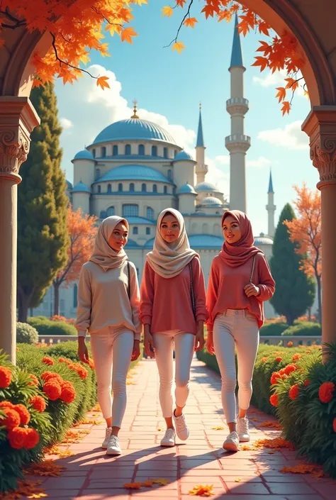 three 3 hijab-wearing adult girls wearing cotton tunic tops, wearing tight white jeans, wearing white sports shoes, while in front of the Topkapi Palace, a place of Ottoman Turkish heritage, around it there are trees with fallen leaves on the red ground an...