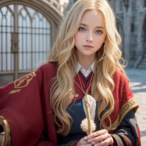 Blonde hair, loose wavy hair, half-up hair, light blue eyes, beautiful girl, Hogwarts, Gryffindor, Canadian