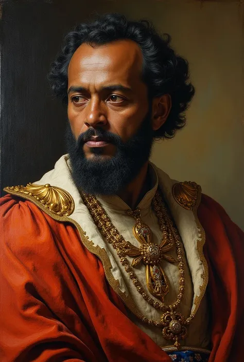 Oil Painting of emperor Menelik II of ethiopia, in the style of Leonardo da vinci and detailed portrait.