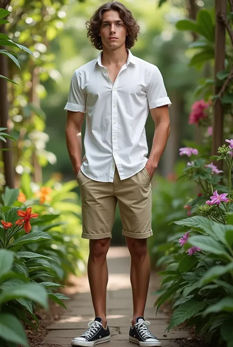 A tall boy with medium wavy brown hair, greeneyes, a little muscular, White fitted shirt with buttons on top, short sleeves, beige shorts and black all star. He is in a garden. Actual image. 