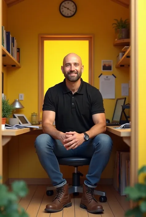 Charming bald man wearing a black polo shirt, written Shed, in jeans and boots sitting in an office behind a desk with yellow walls
