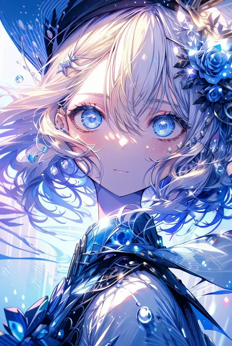 One girl, High-resolution model, Blonde, blue eyes，water droplets，water droplets，Starlight，Sailor suit，Blue Rose，Blue Rose，