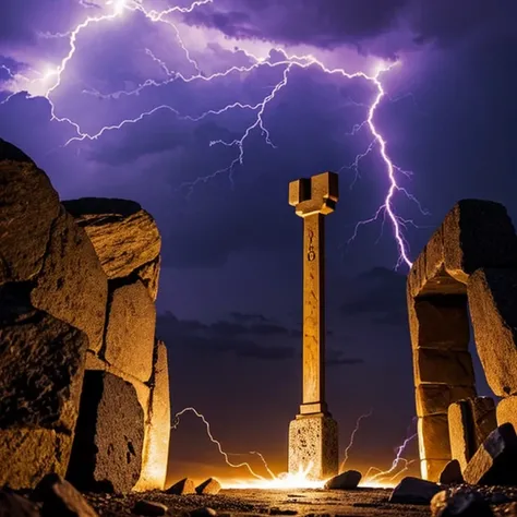 in the style of a icon, a disembodied stone hammer being raised against purple lightning, stone hammer, close-up,