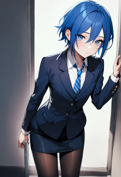 1girl, androgynous, solo, short hair, blue eyes, blue hair, school uniform, blazer, pencil skirt, necktie, pantyhose