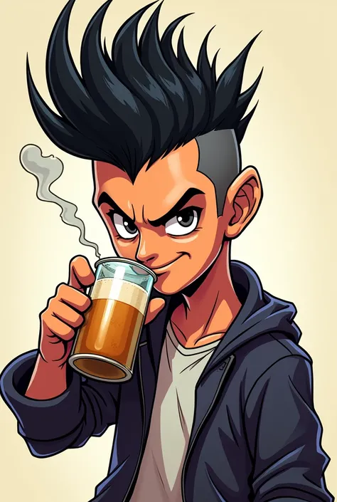 A cartoon dark haired male character with a mohawk hair drinking something 