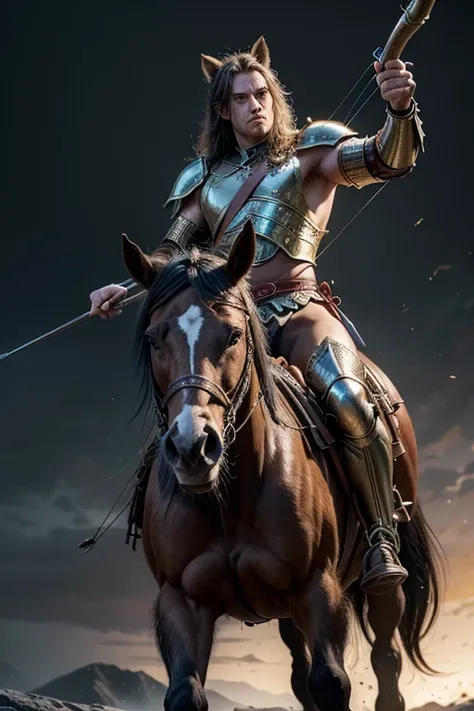 Create a half-horse, half-man centaur with armor and wielding a bow and arrow. Well detailed and realistic.