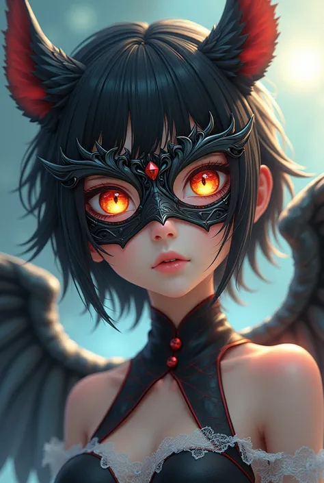 Nija girl with mask yellow  eyes mix girl red eyes  angels eyes colour  wings mask  3d  anime with name sana masks