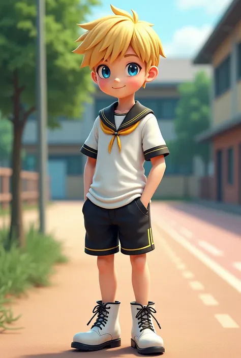 A kind pubescent man, with blonde hair and bright blue eyes, with a white sailor shirt with black and yellow details, black shorts and white boots with black details, in a school environment next to the sports area full body, realist