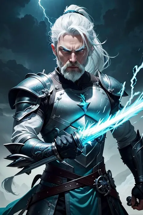 ((best quality)), ((masterpiece)), (detailed), male, white hair, ponytail, lightning in his eyes, teal, full leather armor, dual-wielding 2 swords, storm, sea, dark sky, casting lightning magic, casting ice magic, covered in blue lightning aura, small whit...