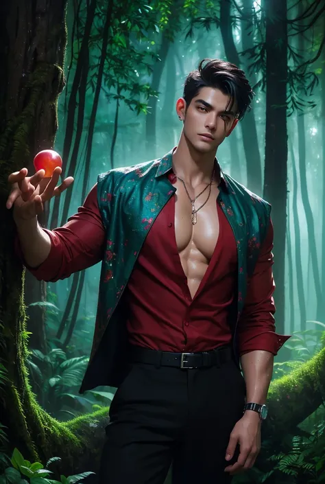 oil painting of a strikingly handsome man with a lean, muscular build stands in the heart of a mystical forest at twilight, solo...