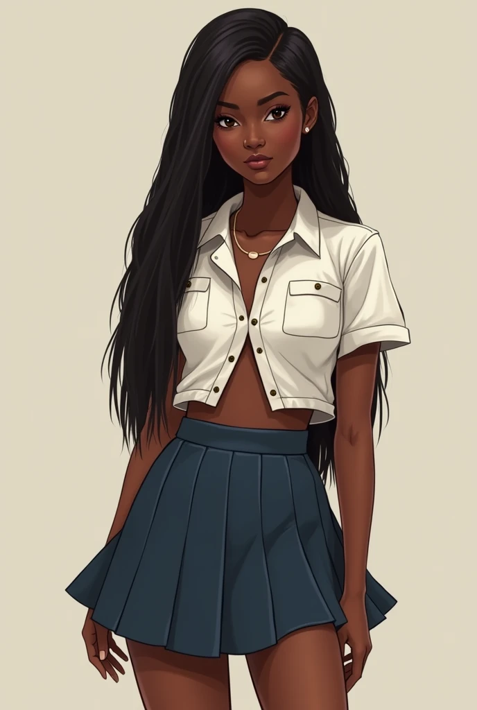 young african girl with long straight hair, school uniform, short skirt showing her panties and open shirt showing realistic nipples