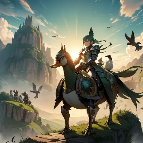 Masterpiece, absurdres, High Resolution, Best Quality, HD, High Details, Super Detailed, High Quality, Anime style, fantasy, epic artwork, humanoid-animals, multiple views.
{{(Ducks-birds in full steel armor marching at dawn in a green hill)}}