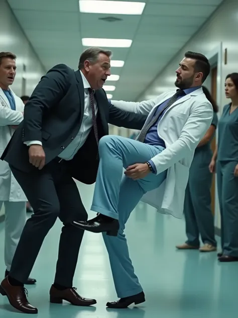 Man in a suit kicking ass, is, of another man, the man who kicks has one leg on the ground the other on the ass, the man kicked is a little above the ground, slightly curved, both are slightly in profile in the image, The fund is a hospital, the man kicked...