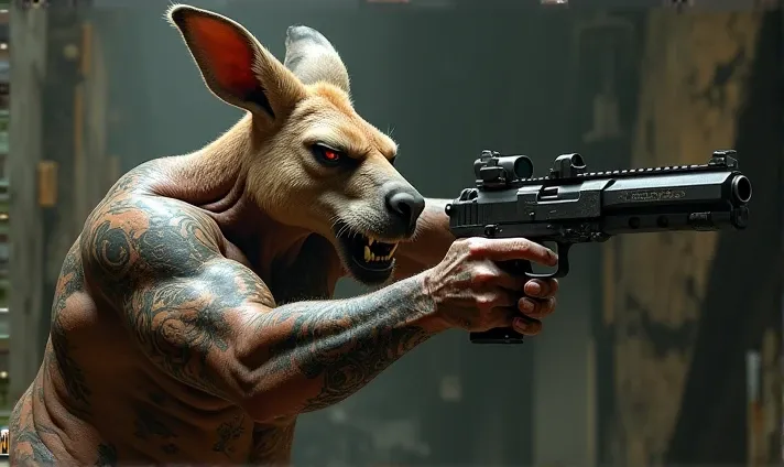 Tattooed kangaroo with a mean face and a gun