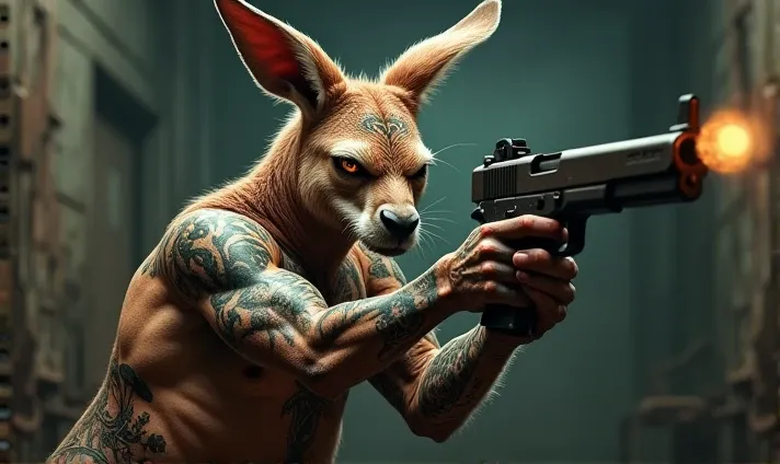 Tattooed kangaroo with a mean face and a gun