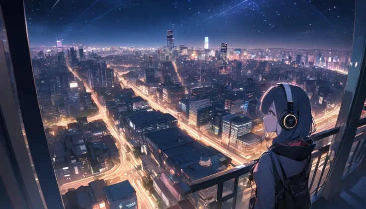 A woman looking at the city of Tokyo,Night starry sky,Streetscape、Listening to music with headphones、Japanese